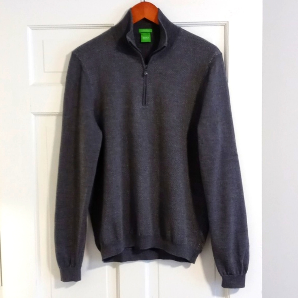 🩶BOSS Hugo Boss🩶 - Gray Quarter Zip Slim Fit Heathered Wool Pullover